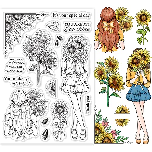 GLOBLELAND Sunflower Season Clear Stamps Garden Flower Silicone Clear Stamp Elegant Floral Lady Seals for DIY Scrapbooking Journals Dekorative Cards Making Photo Album von GLOBLELAND