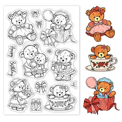 GLOBLELAND Teddybär Puppe Klare Stempel für DIY Scrapbooking Dekor Tiere Geschenkboxen Geburtstage Schleifen Blumen Transparente Silikonstempel zum Basteln von Karten Fotoalbum Dekoration von GLOBLELAND