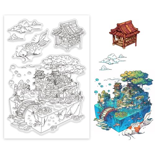 GLOBLELAND Tiny World Clear Stamps Koi Clear Stamps Holzhaus Wolken Landschaft Silikonstempel Für DIY Scrapbooking Fotoalbum Dekorative Karten Herstellung Heimdekoration 6.3x4.33 Zoll von GLOBLELAND