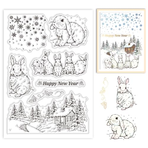 GLOBLELAND Transparente Stempel „Winterhase“, Holzhaus Mit Schneeflocke, Neujahrswunsch, Kaninchen, Transparente Silikonstempel Für Ostern, Weihnachten, Kartenherstellung, Scrapbooking, Fotoalbum von GLOBLELAND