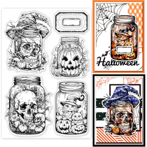 GLOBLELAND Transparente Stempel Für Halloween Gläser Kürbis Und Skelett Stempel Hexen Und Katzen Silikonstempel Für DIY Scrapbooking Fotoalben Dekorative Karten 6.3x4.33Inch von GLOBLELAND