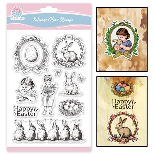 GLOBLELAND Transparente Stempel Im Retro Stil Mit Ostereiern Zum Gestalten von Karten Stempel Aus Silikon Mit Osterhasen Motiv „Grüße Frohe Ostern“ Stempel Zum Siegeln Für Bastelarbeiten Scrapbooking von GLOBLELAND