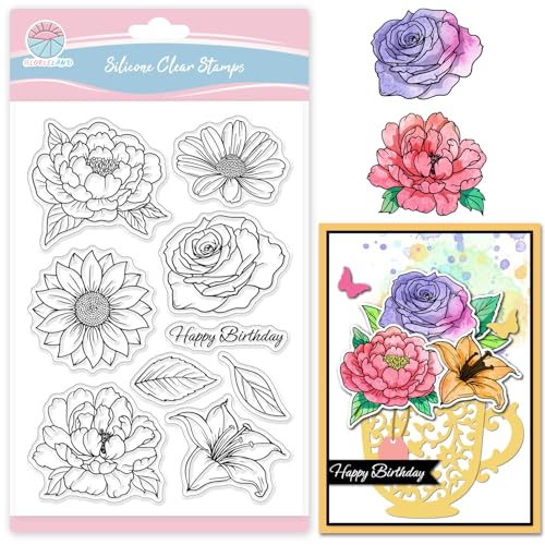 GLOBLELAND Transparente Stempel Mit Blumen Rosen Und Lilien Zum Gestalten von Karten Hibiskus Sonnenblume Gänseblümchen Blättern Silikon Stempel Gruß Transparente Stempel Siegel Für DIY Scrapbooking von GLOBLELAND