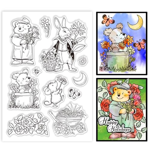 GLOBLELAND Transparente Stempel Mit Blumen Und Tieren Bär Kaninchen Maus Hund Blume Silikon Stempelsiegel Cartoon Tiere Transparente Stempel Für DIY Scrapbooking Karten Erstellen Tagebüchern von GLOBLELAND