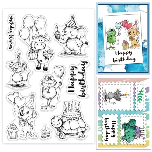 GLOBLELAND Transparente Stempel Mit Cartoon Geburtstags Tiermotiv Maus Hund Frosch Elefant Kuh Schildkröte Silikon Stempel Siegel Mit Lustigen Tieren Transparente Stempel Für Scrapbooking von GLOBLELAND