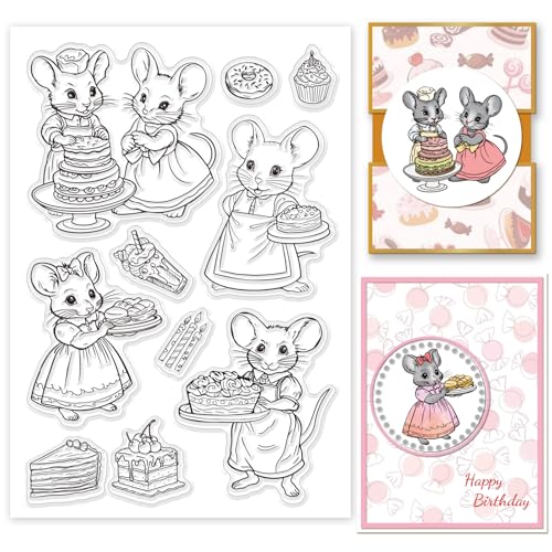 GLOBLELAND Transparente Stempel Mit Cartoon Kochmaus Und Geburtstagstorte Transparente Stempel Süßes Dessert Silikonstempel Für DIY Scrapbooking Fotoalbum Dekorative Karten 6.3x4.33Inch von GLOBLELAND