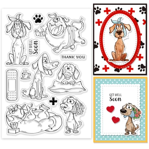 GLOBLELAND Transparente Stempel Mit Comic Hunden Cartoon Tiere Silikon Stempelsiegel „Gute Besserung“ Transparente Stempel Für Selbstgemachte Scrapbooking Karten Fotoalbum Tagebuch von GLOBLELAND