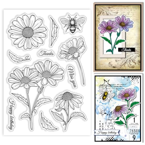 GLOBLELAND Transparente Stempel Mit Gänseblümchenmotiv Biene Blume Silikon Transparente Stempel Siegel Blätter Für Selbstgemachte Scrapbooking Karten Herstellung von Fotoalben Journalen von GLOBLELAND