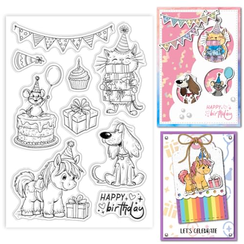 GLOBLELAND Transparente Stempel Mit Geburtstagstieren Für Die Kartengestaltung Geburtstagstorte Katze Hund Ratte Pferd Silikon Transparentstempel Party Stempel Siegel Für DIY Scrapbooking Prägung von GLOBLELAND