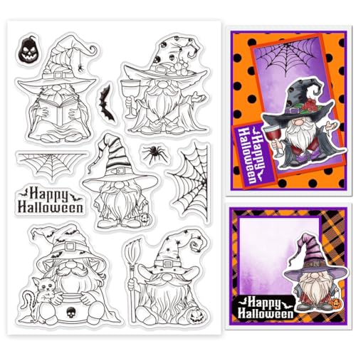 GLOBLELAND Transparente Stempel Mit Halloween Gnom Und Hexe Transparente Stempel Mit Spinnennetz „Happy Halloween“ Silikonstempel Für Selbstgemachtes Scrapbooking Dekorative Karten 6.3x4.33(5) cm von GLOBLELAND