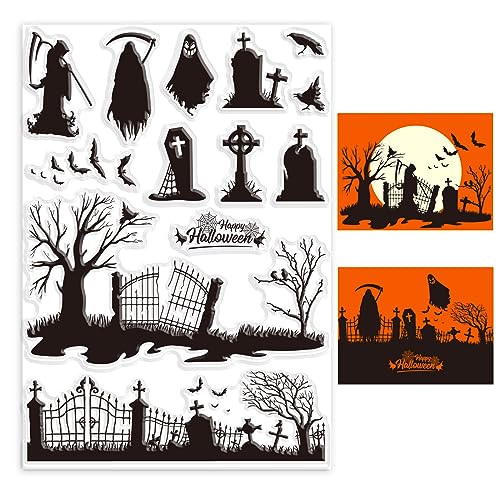 GLOBLELAND Transparente Stempel Mit Halloween-Motiv, Für Scrapbooking, Grabstein, Verwelkter Baum, Transparente Stempel, Transparente Silikon-Stempelsiegel Für Die Herstellung von DIY-Umschlägen von GLOBLELAND