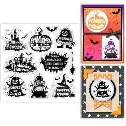 GLOBLELAND Transparente Stempel Mit Halloween Text „Deutschland“ Und Halloween Geisterhaus. Transparente Stempel Mit Halloween Kürbis Silikonstempeln Für DIY Scrapbooking Dekorative Karten von GLOBLELAND