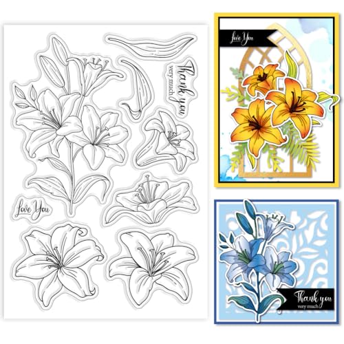 GLOBLELAND Frühling Transparente Stempel Mit Lilienmotiv Blätter Blumen Segensworte Silikon Stempelsiegel Transparente Stempel Zum Selbermachen Scrapbooking Karten Erstellen von Fotoalben Tagebüchern von GLOBLELAND