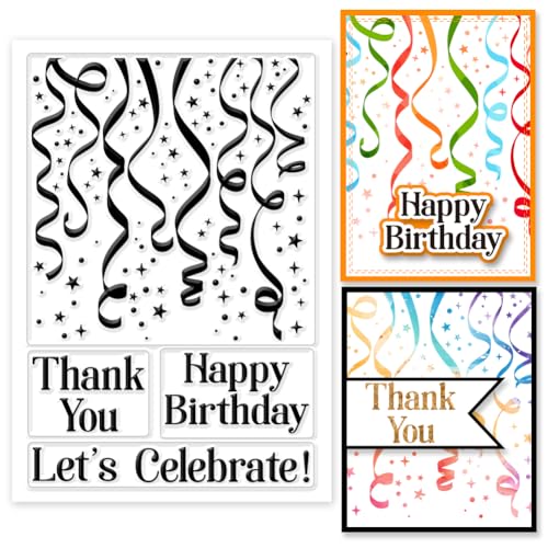 GLOBLELAND Transparente Stempel Mit Luftschlangen Hintergrund „Happy Birthday“ Silikon Stempel Siegel Feier Transparente Stempel Für DIY Scrapbooking Karten Erstellen von Fotoalben Journalen von GLOBLELAND