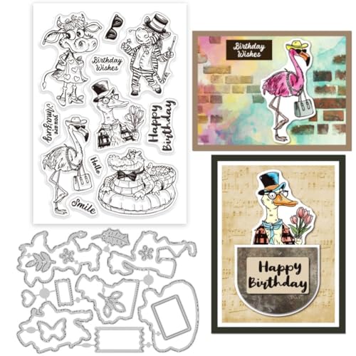 GLOBLELAND Transparente Stempel Mit Magischem Kreis Tiermotiv Zebra Flamingo Kuh Krokodil Rahmen Stanzformen Set Silikon Transparenter Stempel Metall Stanzungen Für Kartengestaltung Scrapbooking von GLOBLELAND