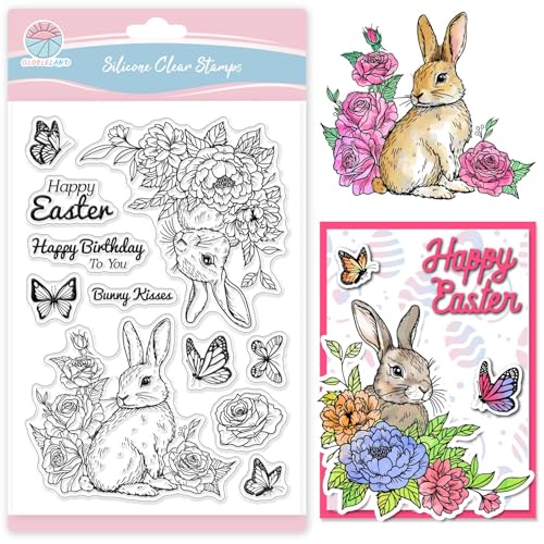 GLOBLELAND Transparente Stempel Mit Osterhasen Motiv Zum Gestalten von Karten Blumen Ecken Silikon Transparentstempel Grüße Frohe Ostern Transparente Stempel Siegel Für DIY Scrapbooking Prägung Dekor von GLOBLELAND