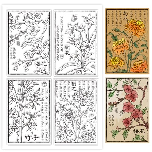 GLOBLELAND Transparente Stempel Mit Pflanzenmotiv Im Chinesischen Stil Pflaumenblüten Orchidee Bambus Chrysanthemen Silikon Stempel Siegelzeichen Transparente Stempel Für Selbstgemachte Scrapbooking von GLOBLELAND