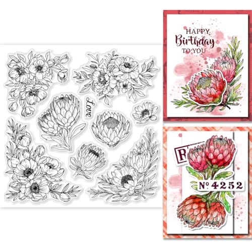 GLOBLELAND Transparente Stempel Mit Protea Blume, Blumenhintergrund, Silikon Transparentstempel, Siegel Mit Floralen Ecken, Transparente Stempel Für DIY Scrapbooking Karten, Erstellen von Fotoalben von GLOBLELAND