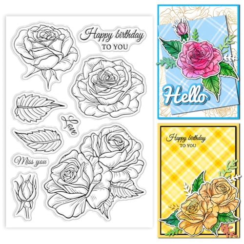 GLOBLELAND Transparente Stempel Mit Rosen Und Blättern Zur Kartengestaltung Stempel Mit Floralem Hintergrund Transparenter Silikonstempel Mit Blumen Und Blättern Für Scrapbooking DIY von GLOBLELAND