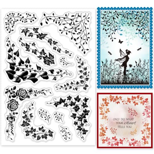 GLOBLELAND Transparente Stempel Mit Silhouetten von Weinreben Und Ecken Pflanzen Und Blumensilhouette Ecken Silikon Transparente Stempelsiegel Transparente Stempel Für DIY Scrapbooking von GLOBLELAND