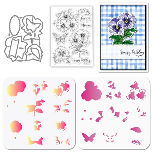 GLOBLELAND Transparente Stempel Mit Stiefmütterchen Und Schmetterlingsmotiv Metall Stanzformen Blumen Und Insekten Schichtung PET Farbe Bastelschablonen Für Die Kartengestaltung Scrapbooking Basteln von GLOBLELAND