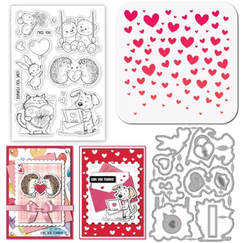 GLOBLELAND Transparente Stempel Mit Tiermotiven Zum Valentinstag Metall Katzen Hunde Igel Bären Stanzformen In Herzform PET Farbe Bastelschablonen Für Die Kartengestaltung Scrapbooking Prägen von GLOBLELAND