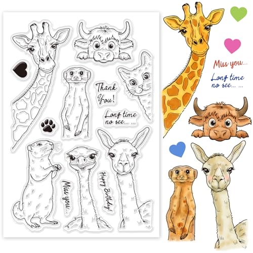 GLOBLELAND Lustig Transparente Stempel Mit Verschiedenen Tierköpfen Giraffe Katze Kuh Strauß Alpaka Murmeltier Silikon Stempelsiegel Cartoon Tiere Transparente Stempel Für DIY Scrapbooking Fotoalbum von GLOBLELAND