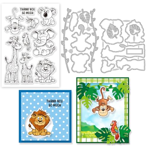 GLOBLELAND Transparente Stempel Mit Wildtieren Elefant Koala Giraffe Löwe Rahmen Stanzformen Set Silikon Transparenter Stempel Metall Stanzungen Für Kartengestaltung Und DIY Prägungen Scrapbooking von GLOBLELAND