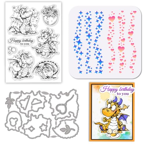 GLOBLELAND Transparenter Stempel Mit Cartoon Drache Liebesherz Blatt Stanzform Stern PET Farbe Bastelvorlage Schablonen Set Für Die Kartengestaltung Und DIY Prägung Scrapbooking Basteldekor von GLOBLELAND