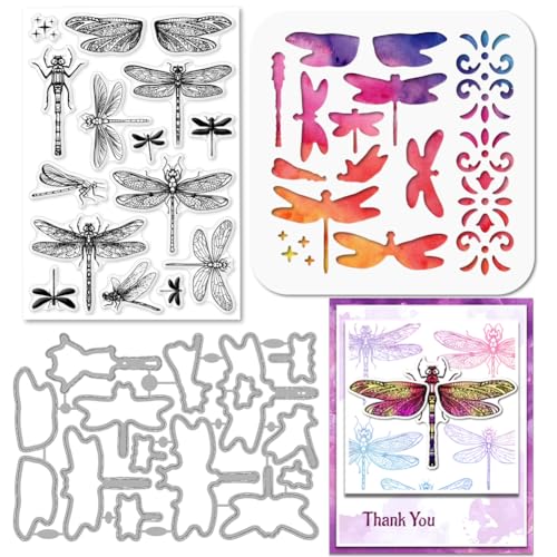 GLOBLELAND Transparenter Stempel Mit Libellenmotiv Insekten Stanzform Blumenmuster PET Farbe Bastelvorlage Schablonen Set Für Die Kartengestaltung Und DIY Prägung Scrapbooking Basteldekor von GLOBLELAND