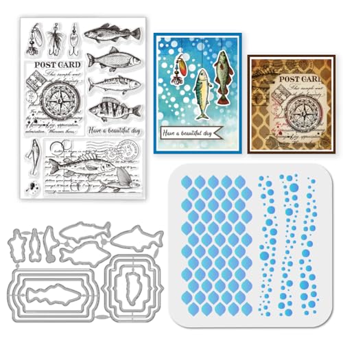 GLOBLELAND Transparenter Stempel Mit Retro Fisch Etikett Vintage Fisch Stanzform Ozean PET Farbe Bastelvorlage Schablonen Set Für Kartengestaltung Und DIY Prägung Scrapbooking Basteldekor von GLOBLELAND