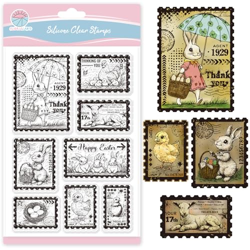 GLOBLELAND Vintage Briefmarken Mit Osterhasen Transparente Stempel Zum Basteln von Karten Osterhähnchen Schaf Silikon Stempel Grüße Frohe Ostern Transparente Stempel Siegel Für Scrapbooking Prägung von GLOBLELAND