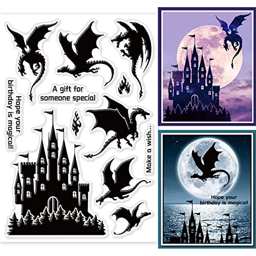 GLOBLELAND Vintage Castle Clear Stamps Medieval Style Western Dragon Transparent Stamps Text Silicone Clear Stamp Seals for DIY Scrapbooking Art Journals Decorative Cards Making von GLOBLELAND