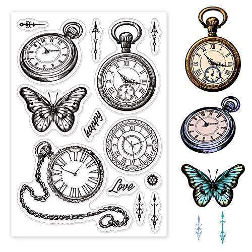 GLOBLELAND Vintage Clock Klare Stempel Taschenuhr Schmetterling Silikon Klare Stempel Siegel für Karten Basteln DIY Scrapbooking Fototagebuch Album Dekoration von GLOBLELAND