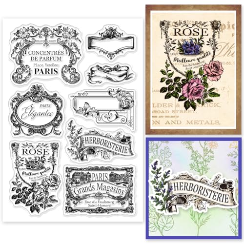 GLOBLELAND Vintage Französische Werbeanhänger Klare Silikonstempel Für DIY Kartenherstellung Rose Silikon Durchsichtige Dichtungsetiketten Eckenrahmen Dekorative Klare Stempel Für Scrapbooking von GLOBLELAND