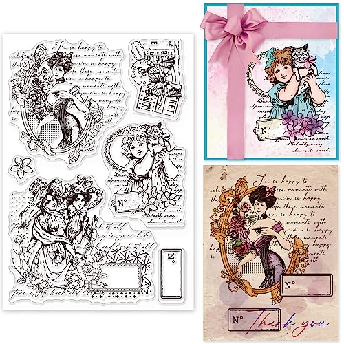 GLOBLELAND Vintage Lady Wreath Klarer Stempel Elegante Frauen Silikon Klarer Stempel Text Blumenrahmen Siegel Für DIY Scrapbooking Tagebücher Dekorative Karten Herstellung von Fotoalben Dekorativ von GLOBLELAND