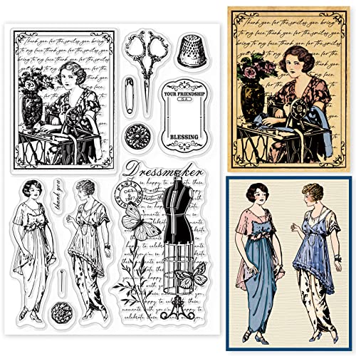 GLOBLELAND Vintage Nähen Hintergrund Klare Stempel für DIY Scrapbooking Elegant Lady Mannequin Silikon Klar Stempel Siegel für Tagebücher Dekorative Karten Herstellung Fotoalbum von GLOBLELAND