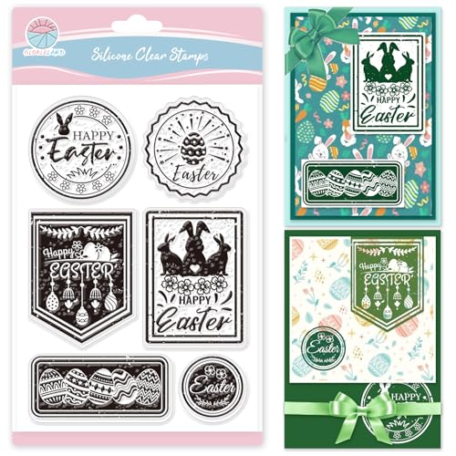 GLOBLELAND Vintage Ostereier Briefmarken Transparente Stempel Zur Kartengestaltung Osterhase Blume Silikon Stempel Grüße Frohe Ostern Transparente Stempel Siegel Für DIY Scrapbooking Prägung Fotoalbum von GLOBLELAND