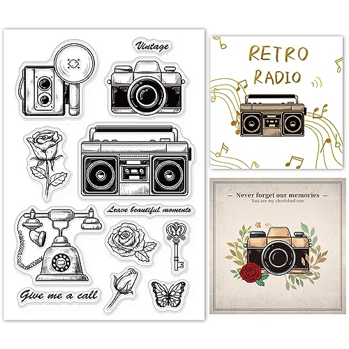 GLOBLELAND Vintage Radio Silikon Clear Stamp Rose und Kamera Transparent Silikon Stempel und Blume Gummistempel für Scrapbook Journal Kartenherstellung von GLOBLELAND