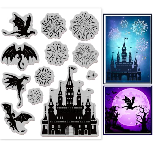 GLOBLELAND Vintage Stempel Mit Schlossdrache 7.09x8.66zoll Transparente Stempel Mit Schloss Feuerwerk Prägestempel Siegel Für DIY Scrapbooking Und Kartenherstellung Papierbasteldekor von GLOBLELAND