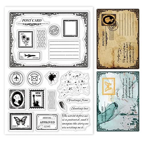 GLOBLELAND Vintage-Stempel und Postkarten-Stempel für DIY Scrapbooking Dekoration Umschläge Text Schmetterlinge Flugzeuge Blumen transparente Silikonstempel für die Herstellung von Karten Fotoalben von GLOBLELAND