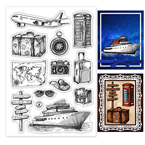 GLOBLELAND Vintage Travel Clear Stamps für DIY Scrapbooking Dekor Flugzeuge Koffer Kompasse Karten Sonnenbrillen Kameras Boote Transparente Silikonstempel zum Erstellen von Karten Fotoalbum von GLOBLELAND