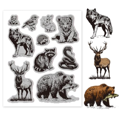 GLOBLELAND Waldtiere Stempel 7.09x8.66Inch Wolf Tiger Bär Hirsch EVA Stempel Prägestempel Siegelstempel Für DIY Scrapbooking Und Kartenherstellung Papierbasteldekor von GLOBLELAND