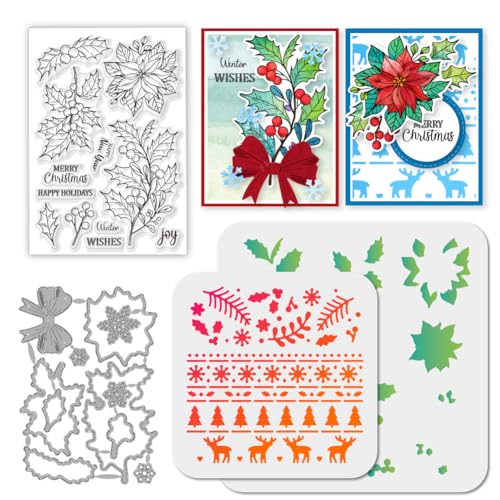 GLOBLELAND Weihnachts Stechpalmenbeeren Transparenter Stempel Schneeflocke Stanzform PET Farbe Bastelschablonen Vorlagenset Für Die Kartengestaltung Und DIY Prägung Scrapbooking Basteldekor von GLOBLELAND