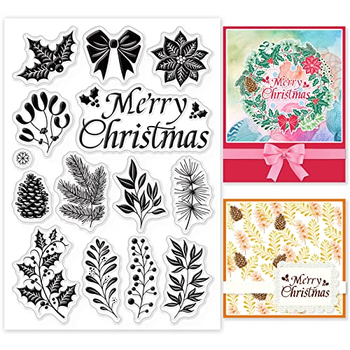 GLOBLELAND Weihnachtskranz Klare Stempel für DIY Scrapbooking Winterpflanzen Stechpalmen Tannenzapfen Mistel Weihnachtsstern Transparente Silikonstempel für die Herstellung von Karten Fotoalbum von GLOBLELAND