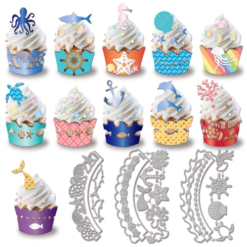 GLOBLELAND Wellen Cupcake Förmchen Stanzformen Für DIY Scrapbooking Metall Sommermuscheln Fische Stanzformen Tiere Delfine Cupcake Stanzungen Für Kartengestaltung Prägung Fotoalbum Basteldekor von GLOBLELAND