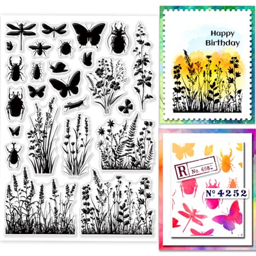 GLOBLELAND Wildblumen Gras Silhouette, Klare Stempel, 5.83x8.27 inch, Blumen Insekten Silhouette, Silikon Stempelsiegel, Natur Silhouette, Transparente Stempel Für DIY Scrapbooking, Karten, Tagebuch von GLOBLELAND