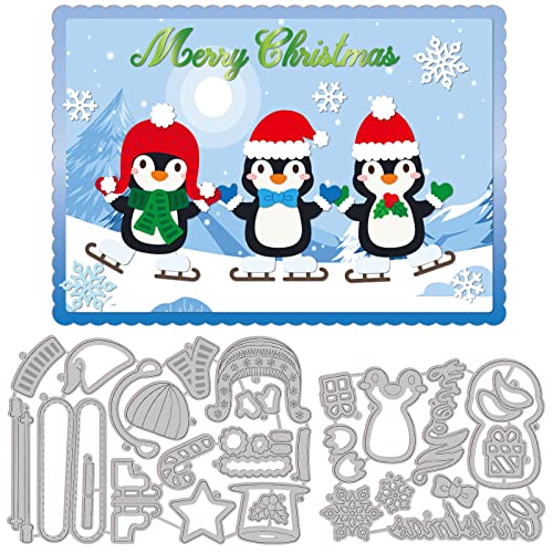 GLOBLELAND Winter Pinguin Stanzschablonen Hut Geschenk Stahl Stanzformen Schneeflocken Wörter Stanzform für Scrapbooking Karte DIY Handwerk von GLOBLELAND