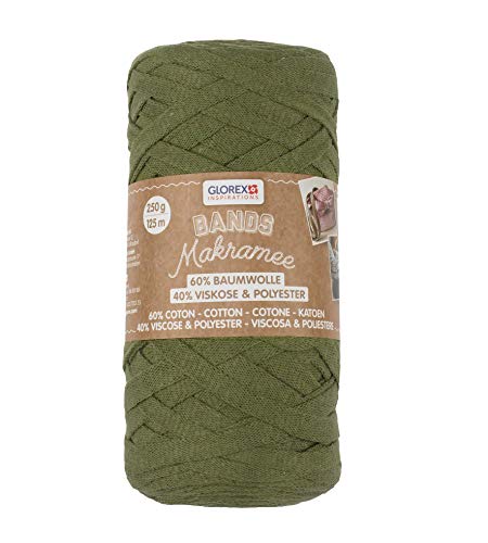 GLOREX 5 1005 07 - Bands Makramee, superweiches Textilgarn aus 60 % Baumwolle / 40 % Viskose, zum Häkeln, Stricken, Knüpfen und textilen Gestalten, 250 g, ca. 125 m, oliv von GLOREX