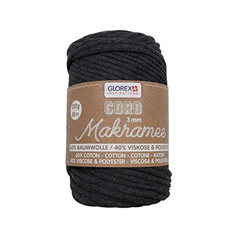 GLOREX 5 1006 04 - Makramee Cord 3 mm, superweiches Textilgarn aus 60 % Baumwolle / 40 % Viskose, zum Häkeln, Stricken, Knüpfen und textilen Gestalten, 250 g, ca. 85 m, gewebt anthrazit von GLOREX